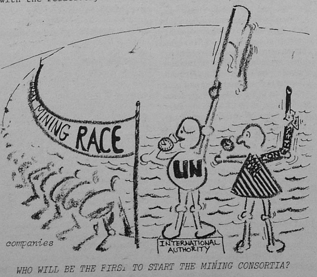 Cartoon depicting a race between the US Congress and the UN International Seabed Authority to mine the deep seabed.
